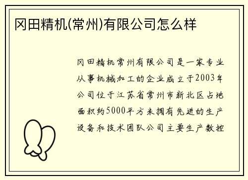 冈田精机(常州)有限公司怎么样
